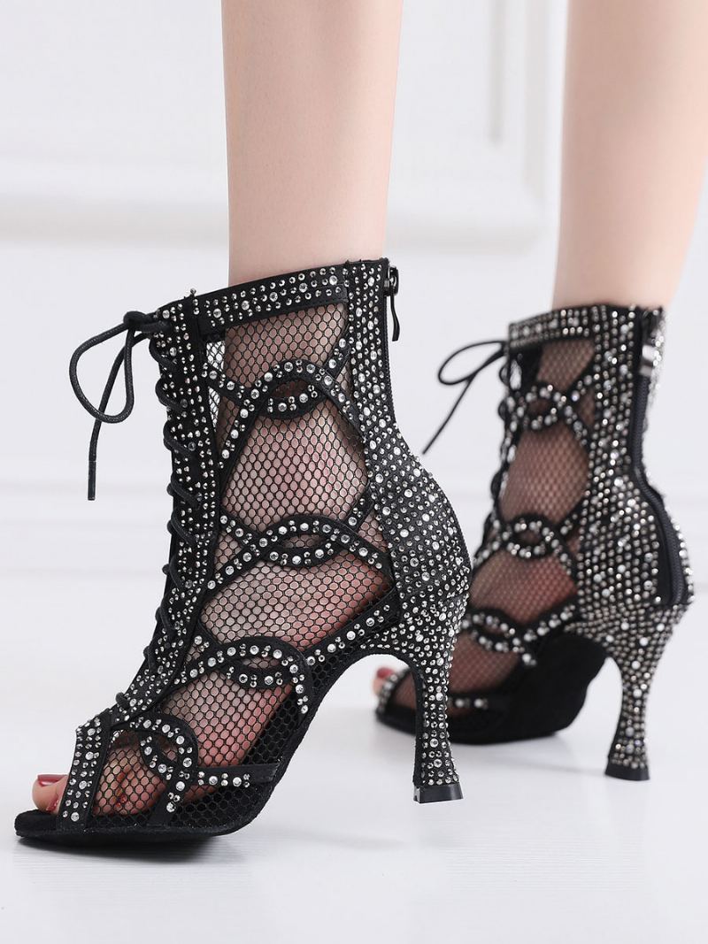 Dame Rhinestones Nets Lace Up Dance Booties - Sort