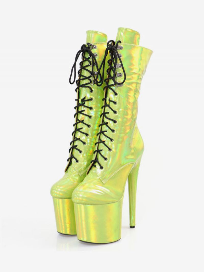 Dame Sexy Boots Rund Toe Lace Up Stiletthæl Rave Club Green Thigh Høye Støvler Over Kneet