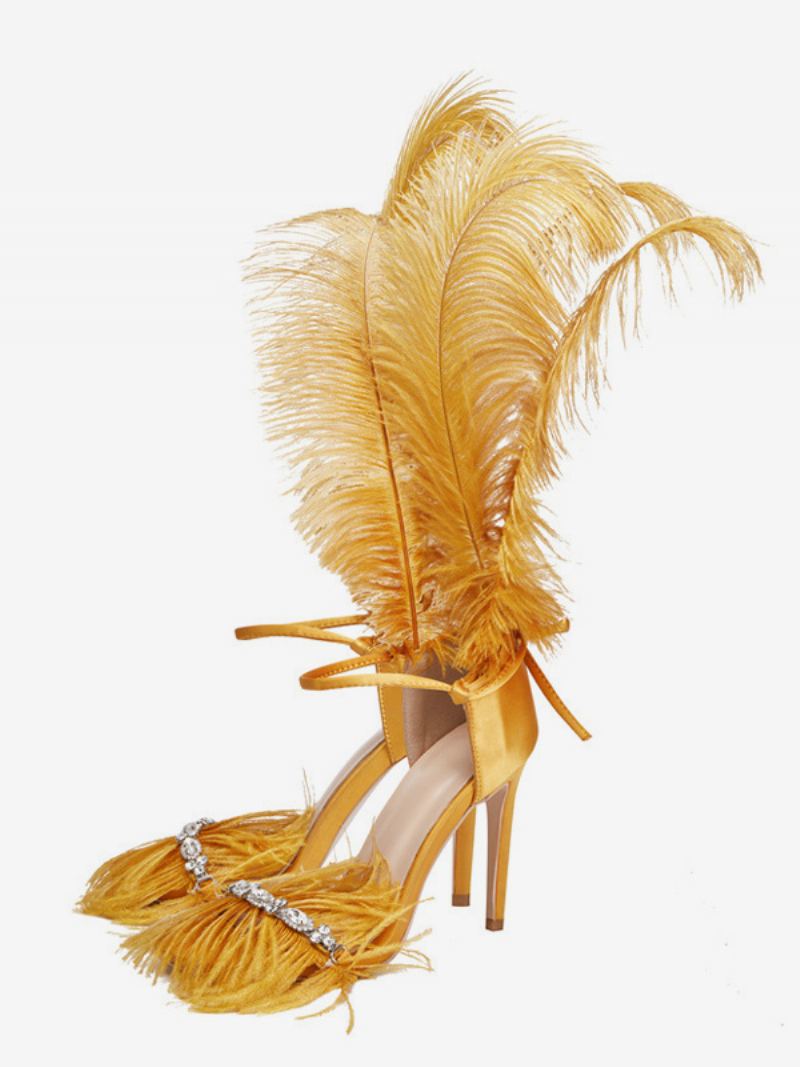 Damesandaler Med Høye Hæler Gold Feather Detail Rhinestones Prom Party Sko - Gull