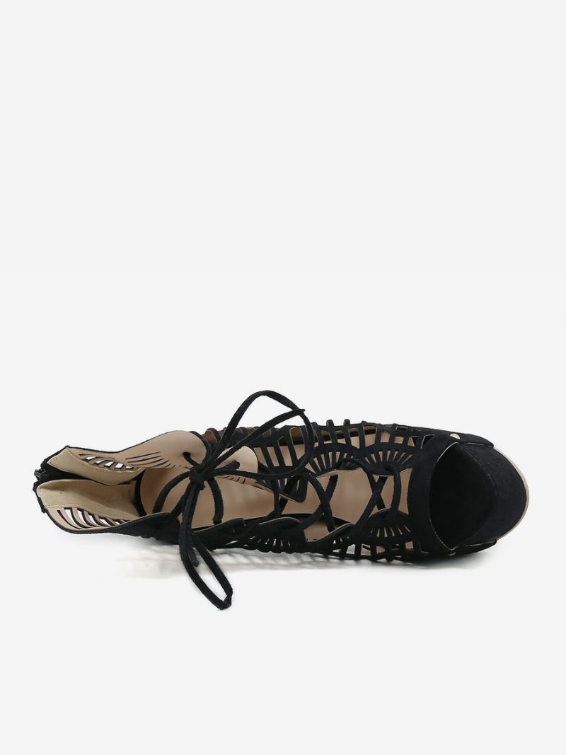 Kvinner Sexy Sandaler Svart Micro Semsket Øvre Peep Toe 2.6 Tommer 6.3 Snøre Sko - Svart