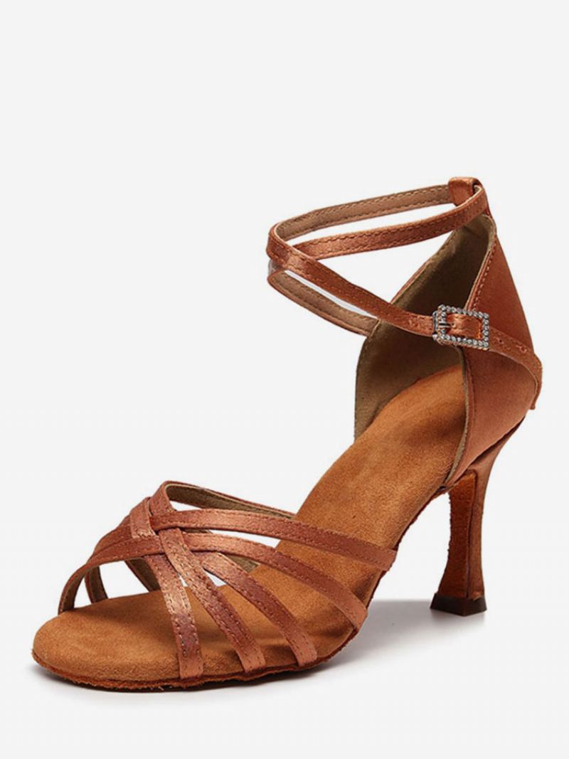 Latinsk Dansesko For Kvinner Satin Kaffe Brun Peep Toe Stiletthæl Danse Latinsko - Kaffe Brun