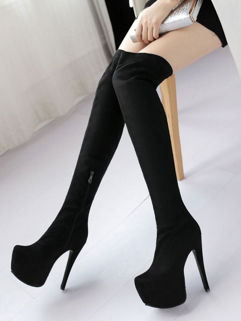 Over Knee Boots Dame Sexy Sko Black Plattformsko Stiletto Stretch