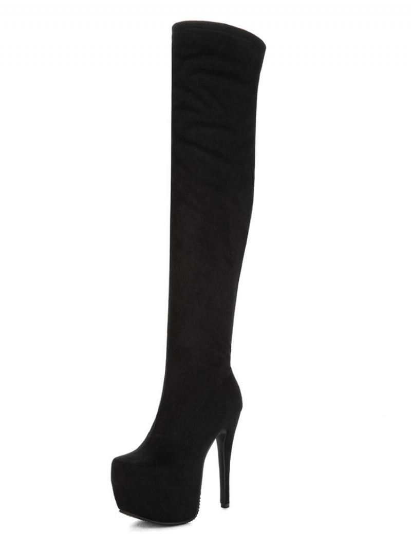 Over Knee Boots Dame Sexy Sko Black Plattformsko Stiletto Stretch - Svart