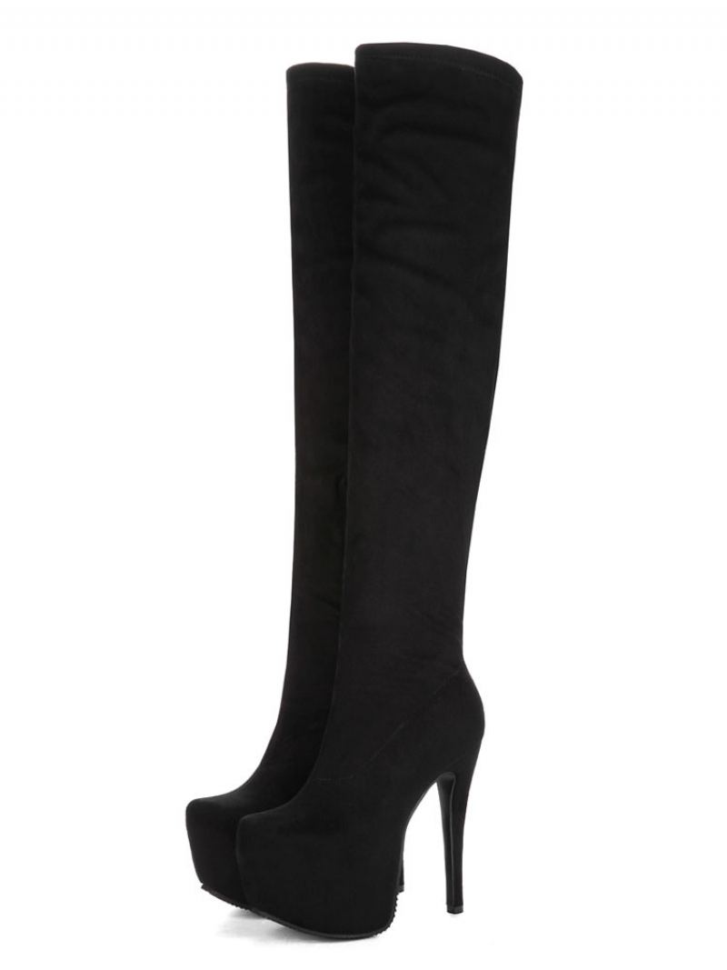 Over Knee Boots Dame Sexy Sko Black Plattformsko Stiletto Stretch - Svart