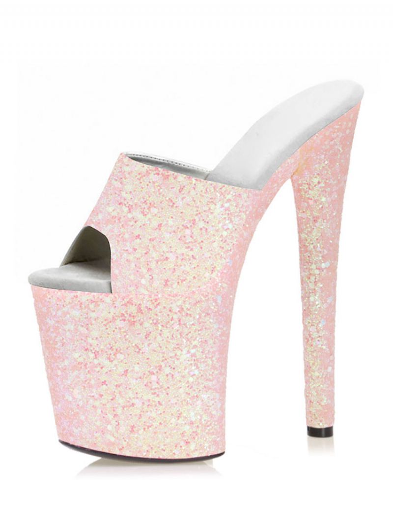 Pole Dance Sko Dame Sexy Glitter Eksotiske Hæler Plattform Sky High Heels Mule I Rosa