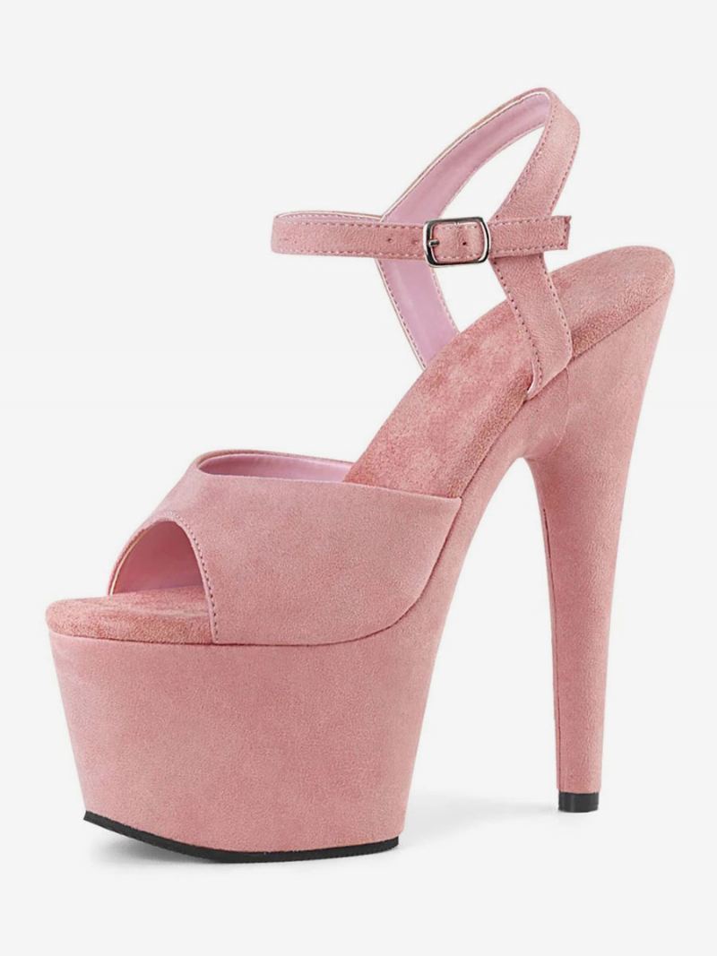 Pole Dance Sko Dame Sexy Sandaler Svart Skinn Peep Toe Monk Strap Stripper - Rosa