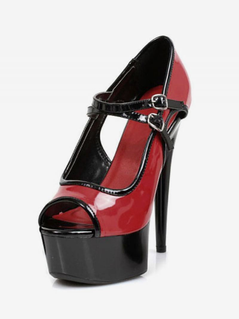 Pole Dance Sko Sexy Høye Hæler Kvinner Plattform Peep Toe Buckle Detail Pumps Stripper - Rød