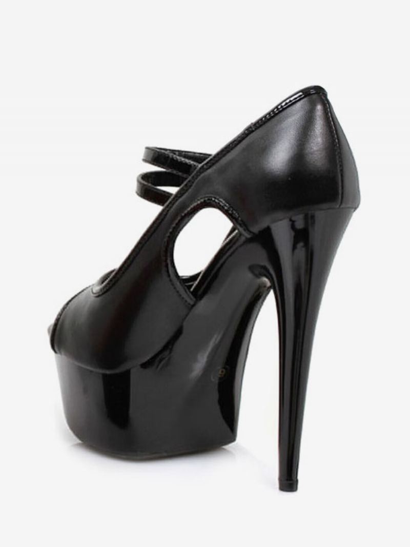 Pole Dance Sko Sexy Høye Hæler Kvinner Plattform Peep Toe Buckle Detail Pumps Stripper - Sort