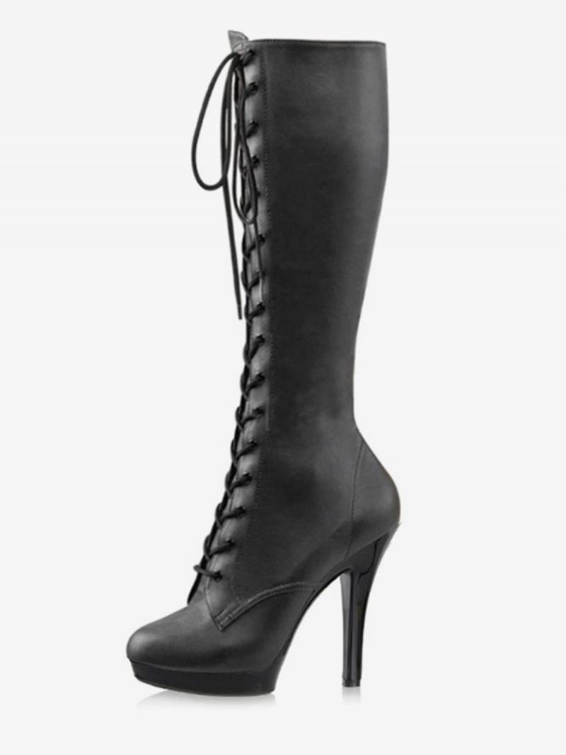 Pole Dansesko Sexy Lace Up Plattformsko Stiletto Heel Knee Boots - Dyp Grå