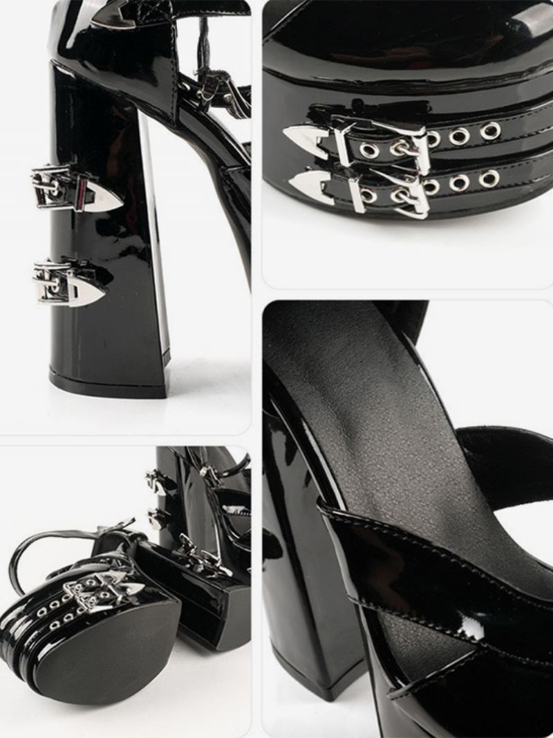 Sexy Høye Hæler For Kvinner Patent Pu Metal Detail Punk Pumps - Svart