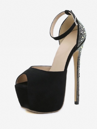 Sexy Høye Hæler For Kvinner Svart Plattform Rhinestones Peep Toe Stiletthæl Micro Semsket Øvre Pumps