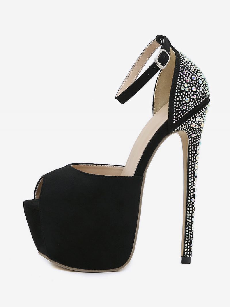 Sexy Høye Hæler For Kvinner Svart Plattform Rhinestones Peep Toe Stiletthæl Micro Semsket Øvre Pumps - Svart