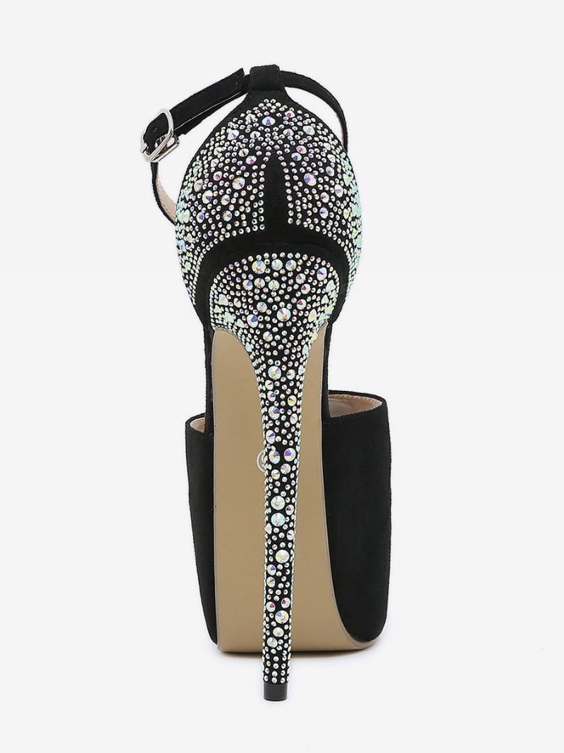 Sexy Høye Hæler For Kvinner Svart Plattform Rhinestones Peep Toe Stiletthæl Micro Semsket Øvre Pumps - Svart