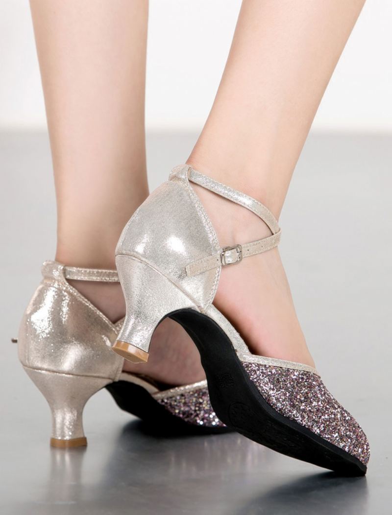 Sølv Dansesko For Kvinner 2024 Glitter Rund Toe Criss Cross Latin Ballroom Sko - Champagne