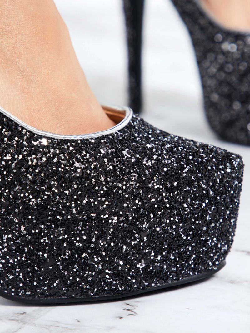 Sparkly Plattformsko Pumps For Kvinner Svarte Ballsko Høye Hæler Festsko - Svart