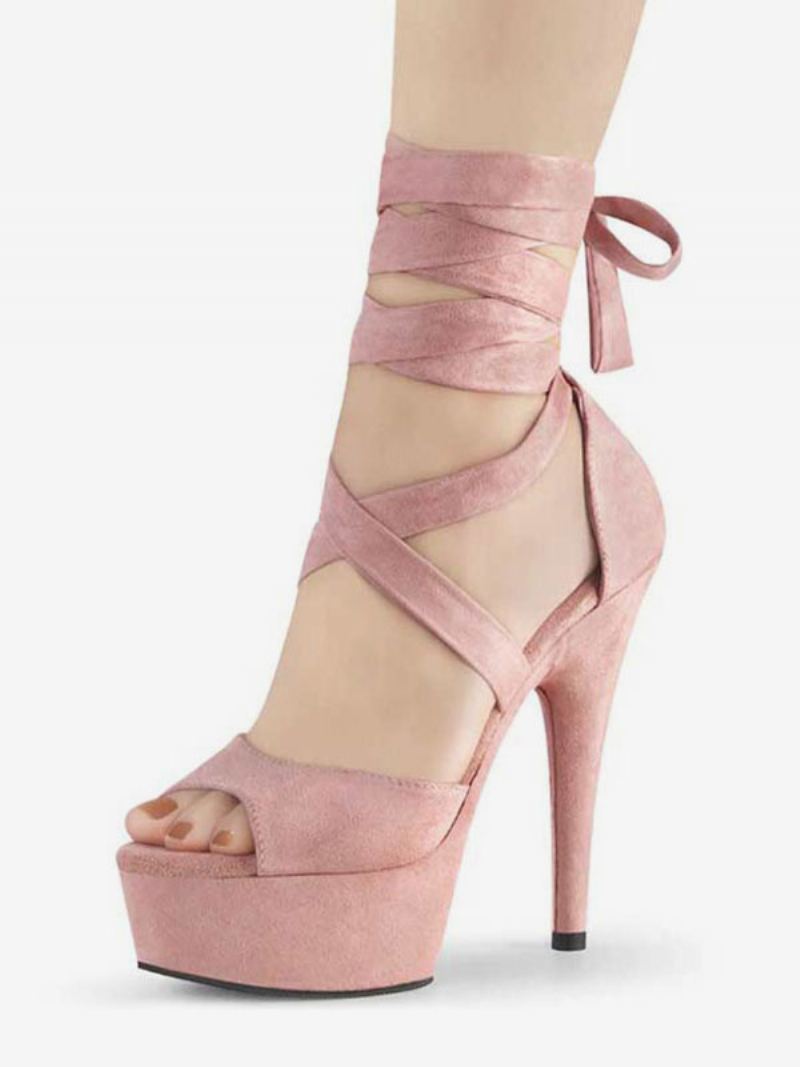 Strappy Plattformsandaler Med Stiletthæl For Kvinner I Rosa Semsket Skinn