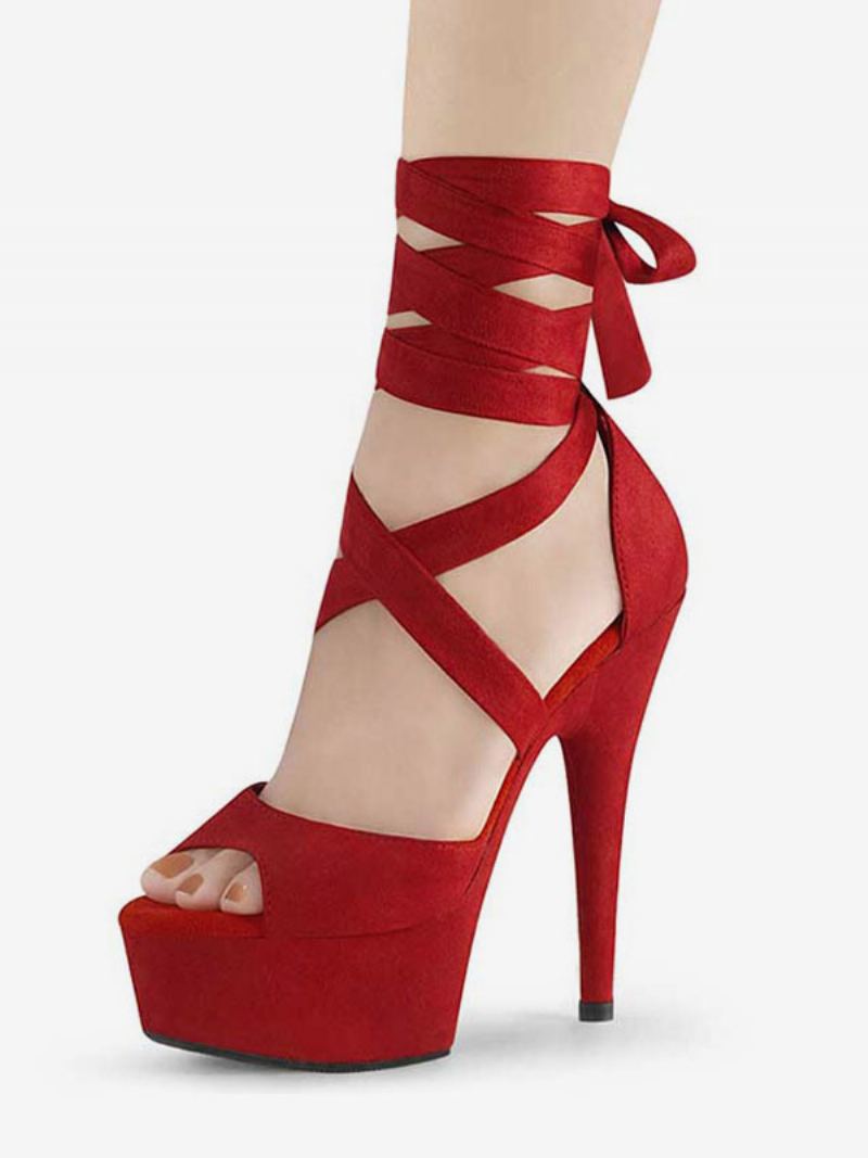 Strappy Plattformsandaler Med Stiletthæl For Kvinner I Rosa Semsket Skinn - Ture Red