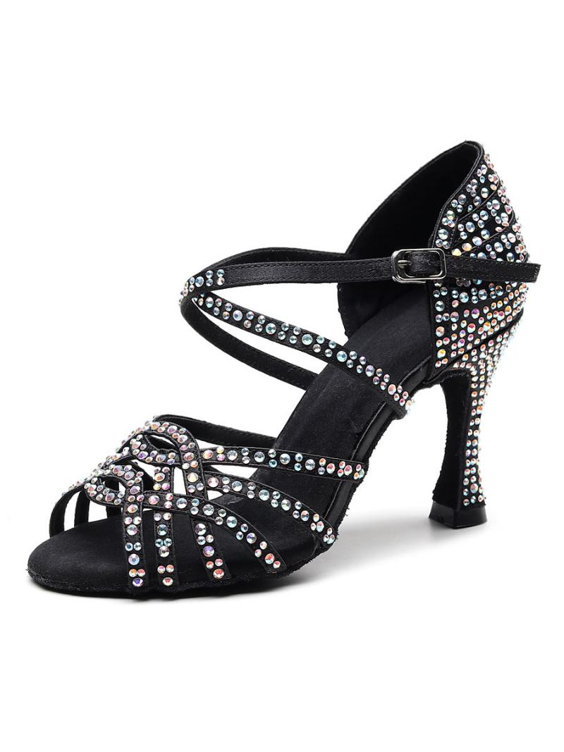 Tilpassede Latinske Dansesko For Kvinner Satin Black Peep Toe Luksus Rhinestones Ballroom Dance Sko