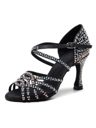 Tilpassede Latinske Dansesko For Kvinner Satin Black Peep Toe Luksus Rhinestones Ballroom Dance Sko