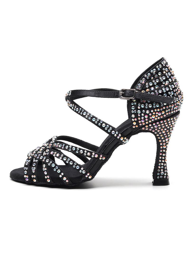 Tilpassede Latinske Dansesko For Kvinner Satin Black Peep Toe Luksus Rhinestones Ballroom Dance Sko - Svart