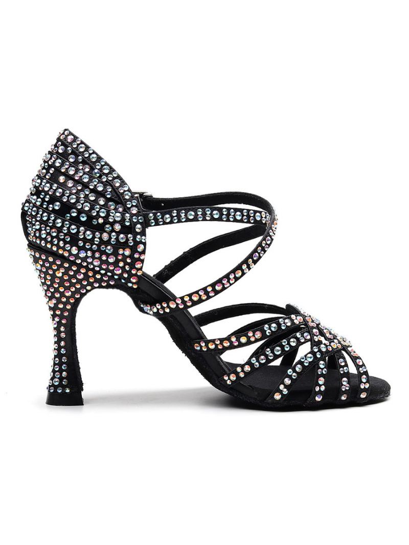 Tilpassede Latinske Dansesko For Kvinner Satin Black Peep Toe Luksus Rhinestones Ballroom Dance Sko - Svart