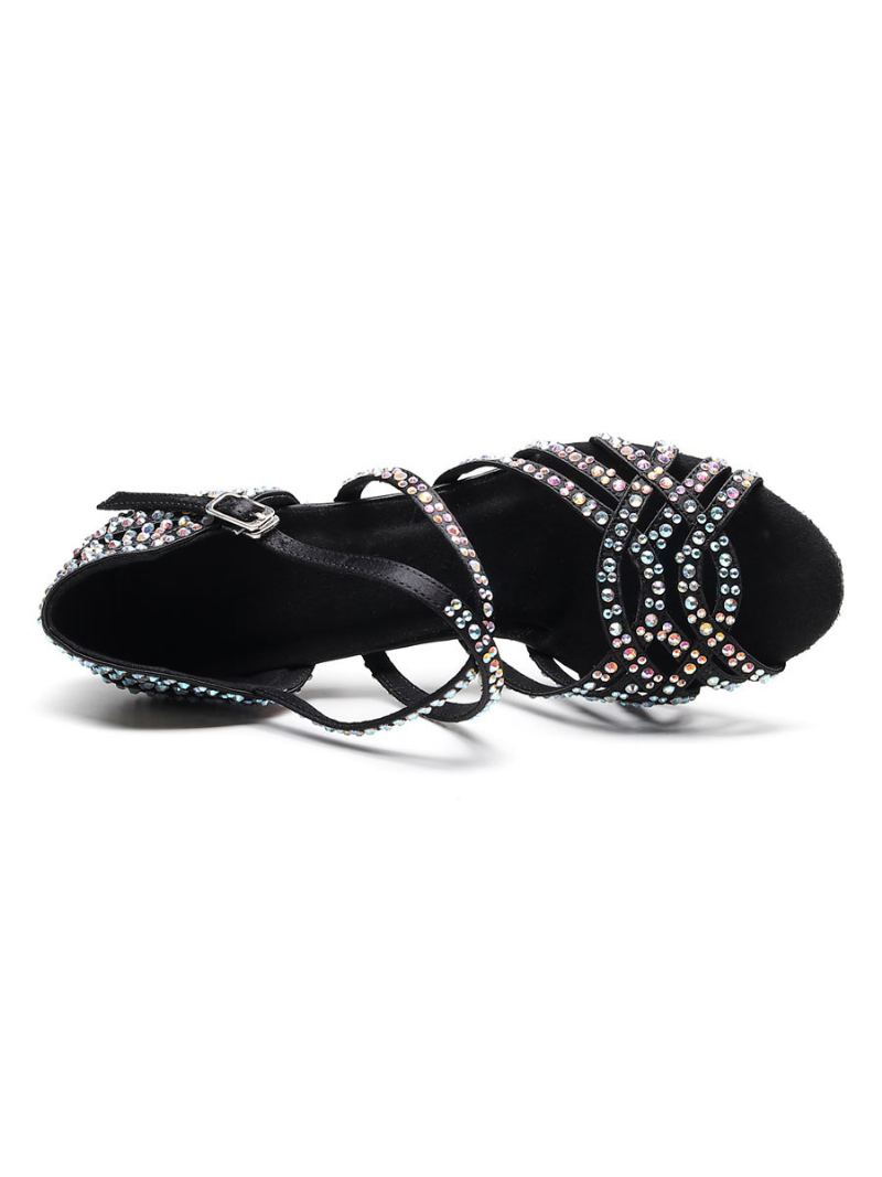 Tilpassede Latinske Dansesko For Kvinner Satin Black Peep Toe Luksus Rhinestones Ballroom Dance Sko - Svart