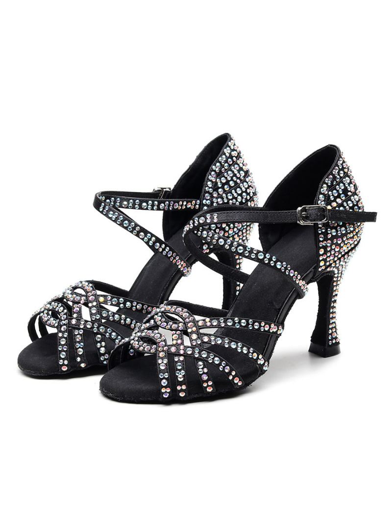 Tilpassede Latinske Dansesko For Kvinner Satin Black Peep Toe Luksus Rhinestones Ballroom Dance Sko - Svart