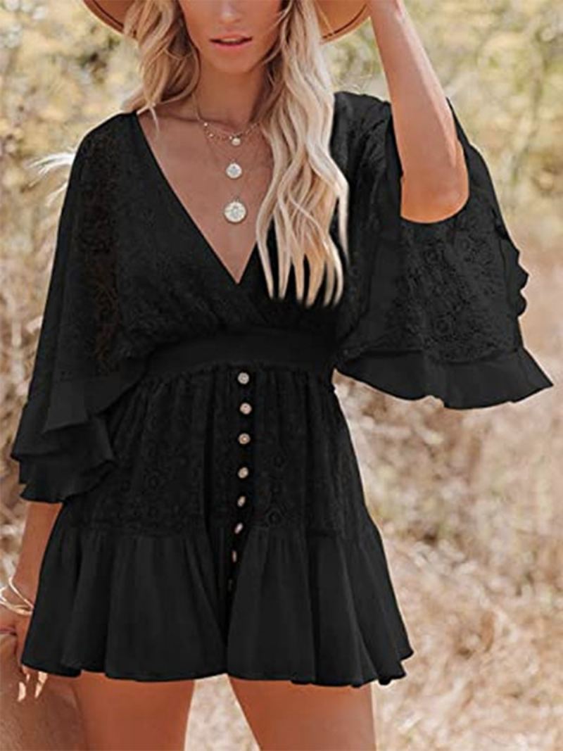 Boho Kjole Blonde V-hals Batwing Hvit Flare Minikjole For Kvinner - Sort