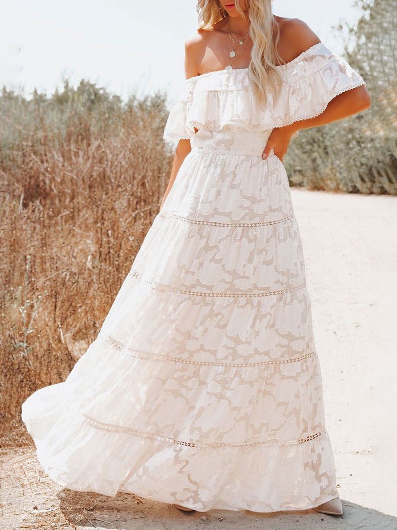 Boho Maxi Dress Off Shoulder White Flower A-line Layered Hem Lang Kjole For Kvinner - Hvit