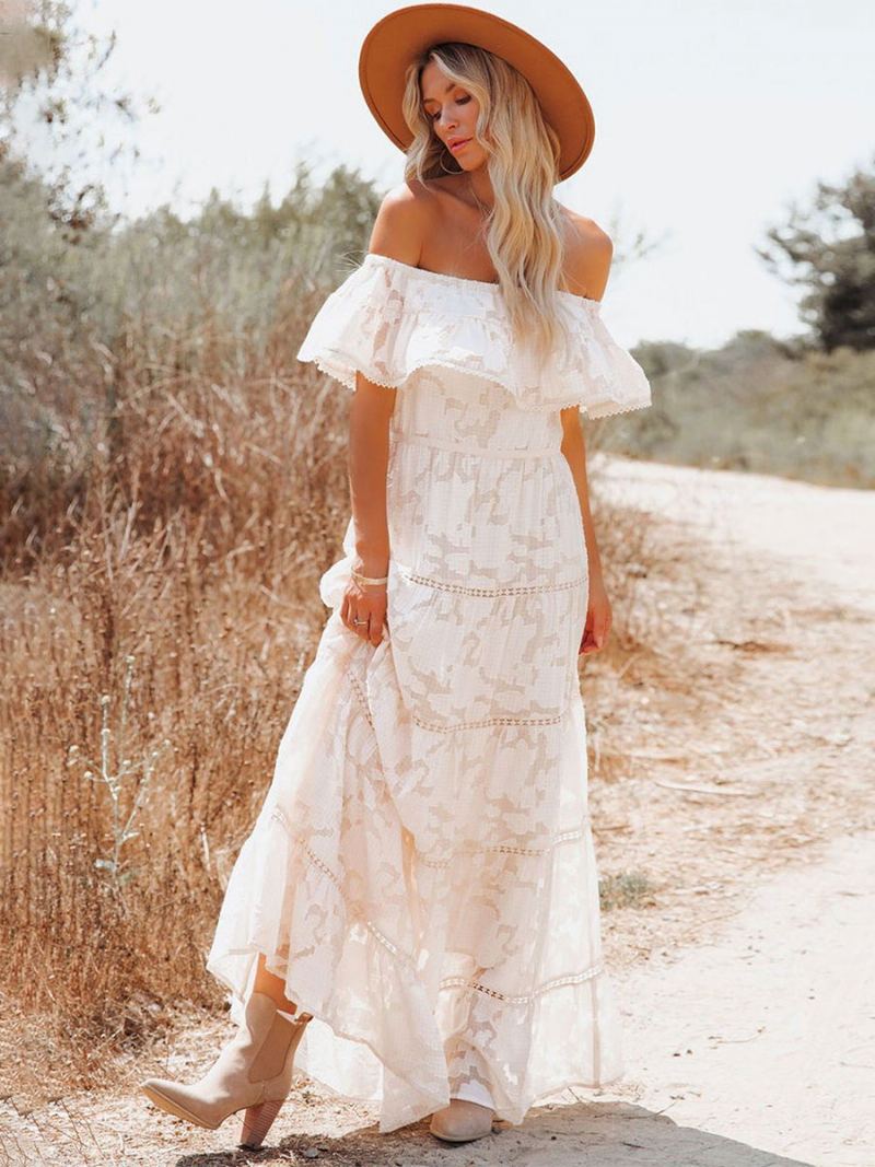 Boho Maxi Dress Off Shoulder White Flower A-line Layered Hem Lang Kjole For Kvinner - Hvit