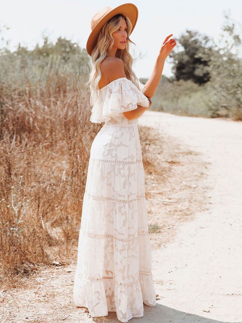 Boho Maxi Dress Off Shoulder White Flower A-line Layered Hem Lang Kjole For Kvinner - Hvit