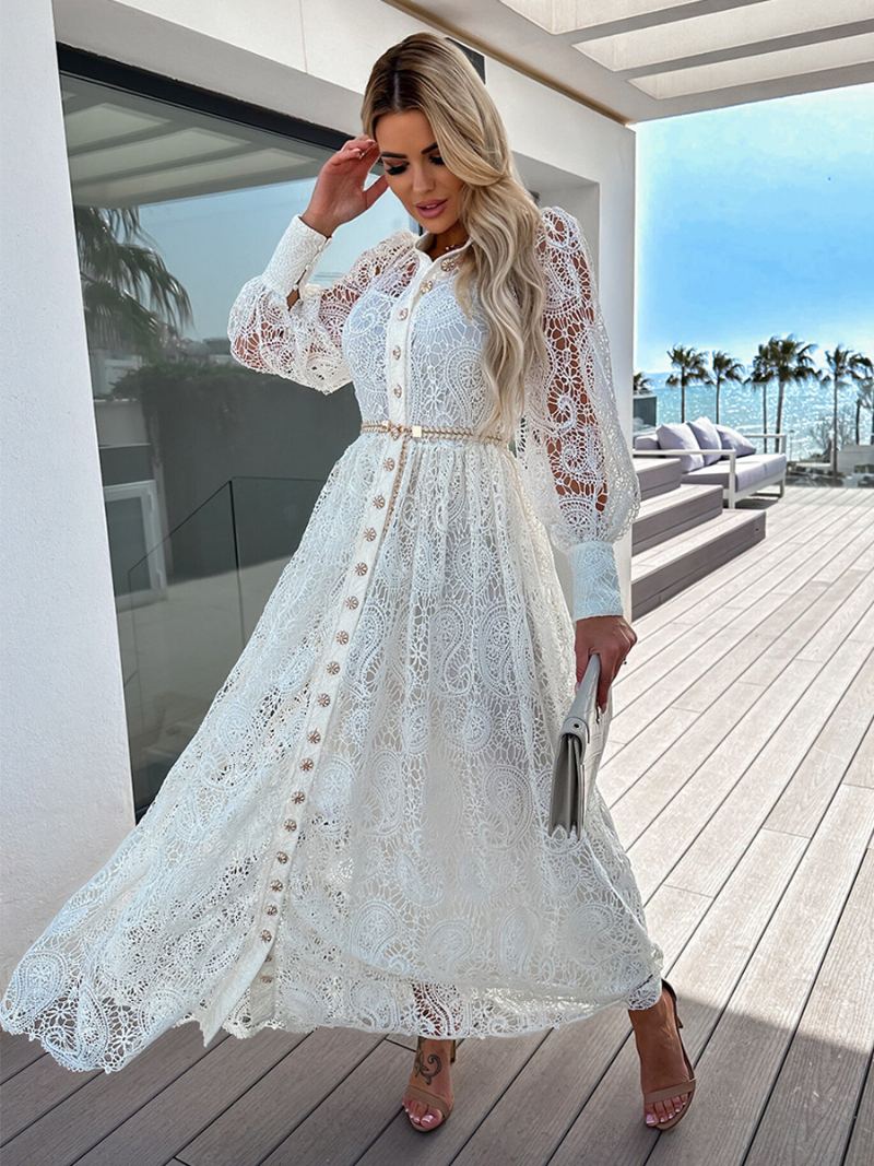 Dame Skjortekjoler Knapper Belted Lanterne Ermer Blonder Elgant Maxi Dress - Hvit