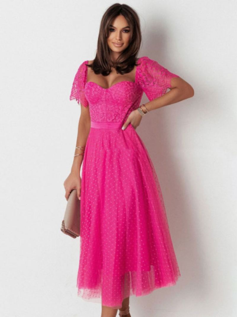 Kvinners Blondekjole Sweetheart Neck Kortermet Day Midi-kjoler - Magenta