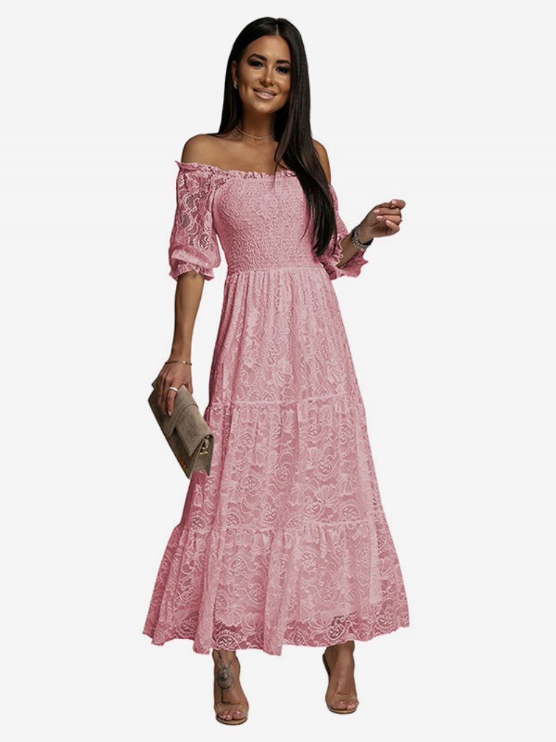 Kvinners Hvit Blondekjole Smock Off Shoulder Elegante Bohemske Lange Kjoler - Rosa