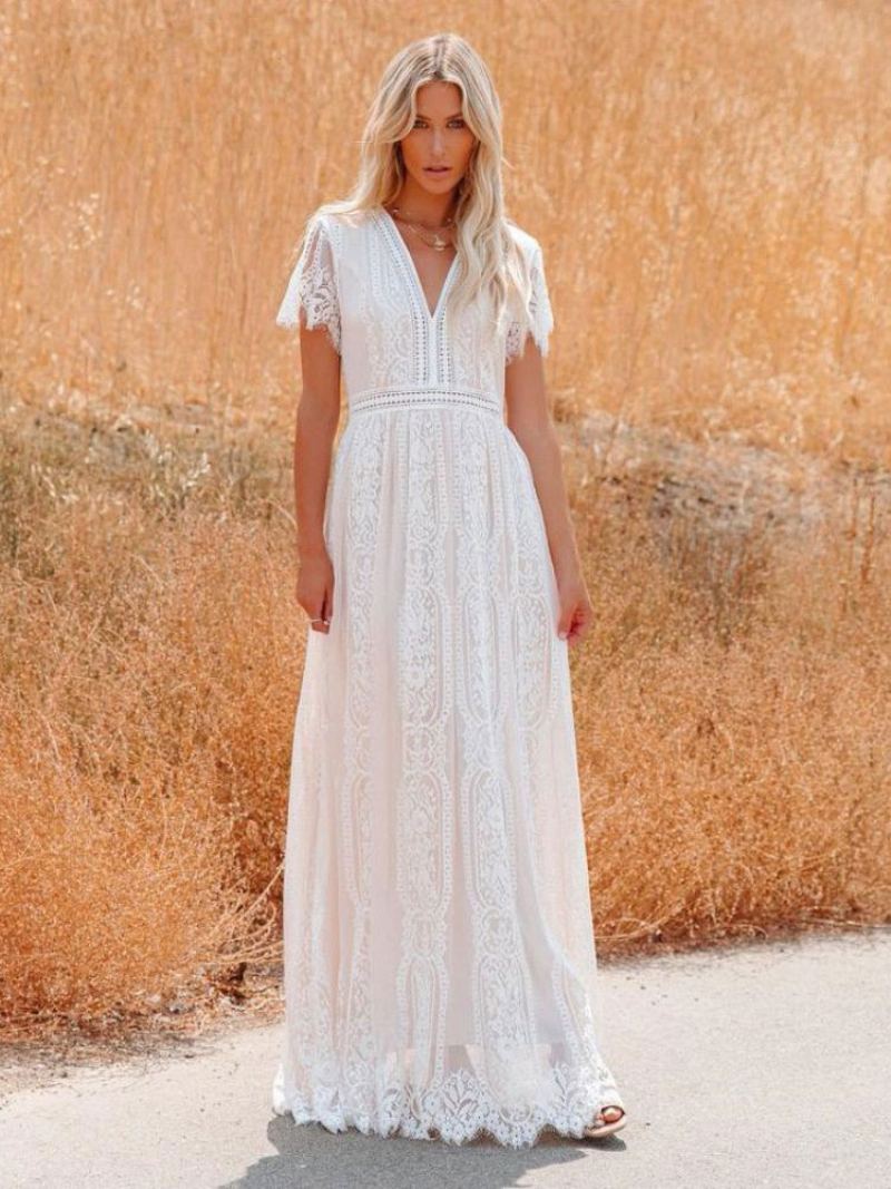 Kvinners V-hals Maxikjole Halve Ermer Blonde Bohemian Floor Length Dress