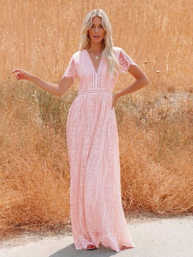 Kvinners V-hals Maxikjole Halve Ermer Blonde Bohemian Floor Length Dress - Rosa