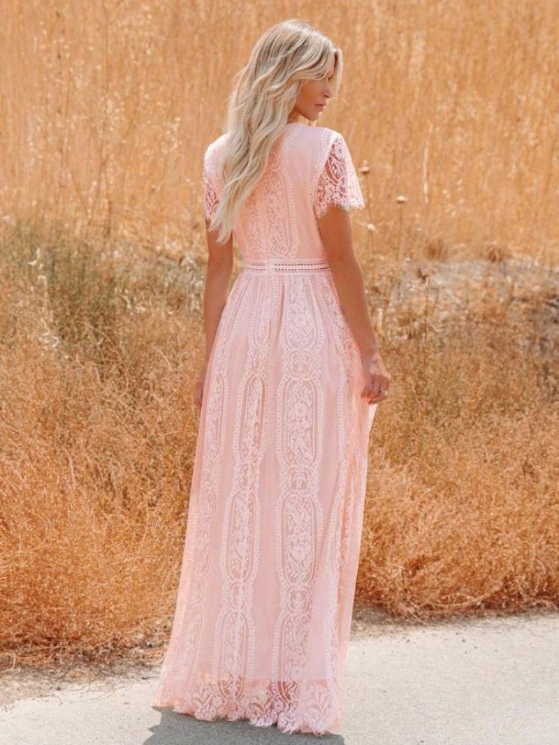 Kvinners V-hals Maxikjole Halve Ermer Blonde Bohemian Floor Length Dress - Rosa