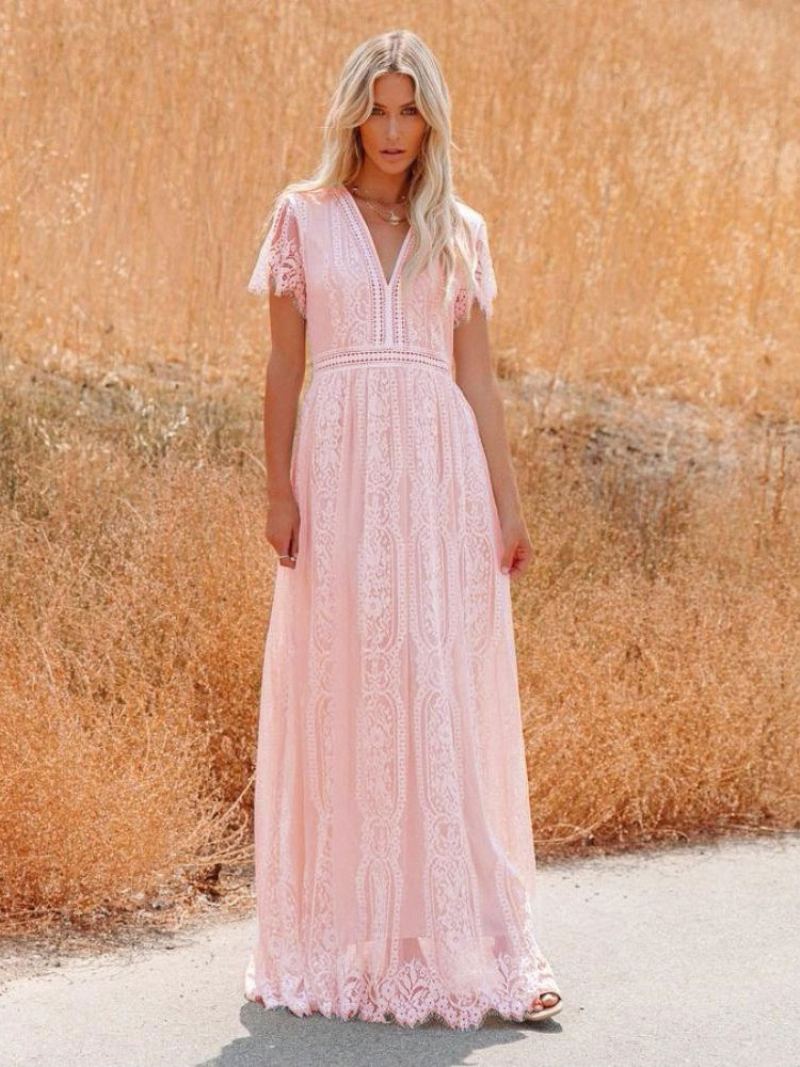 Kvinners V-hals Maxikjole Halve Ermer Blonde Bohemian Floor Length Dress - Rosa