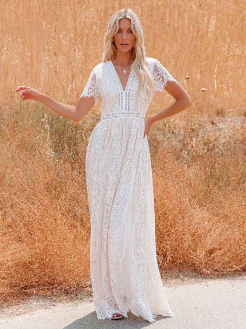 Kvinners V-hals Maxikjole Halve Ermer Blonde Bohemian Floor Length Dress - Hvit