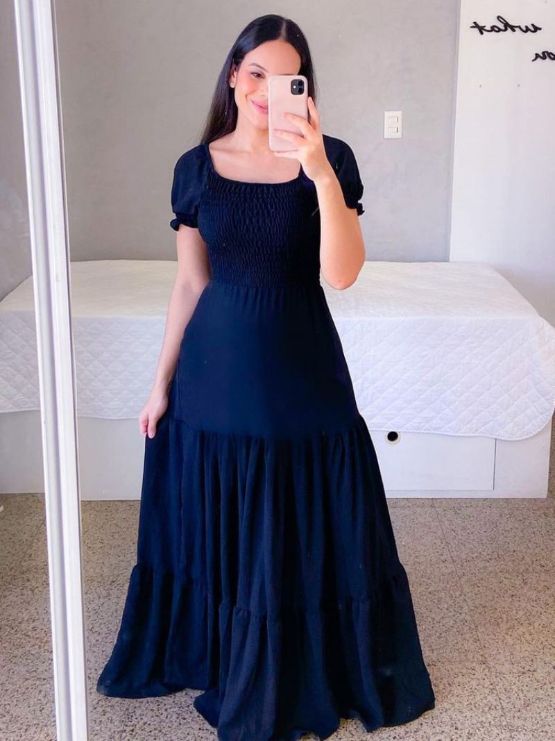 Dame A-line Kjole Smocked Kortermer Tiered Ruffles Sommer Maxi Kjoler - Mørk Navy