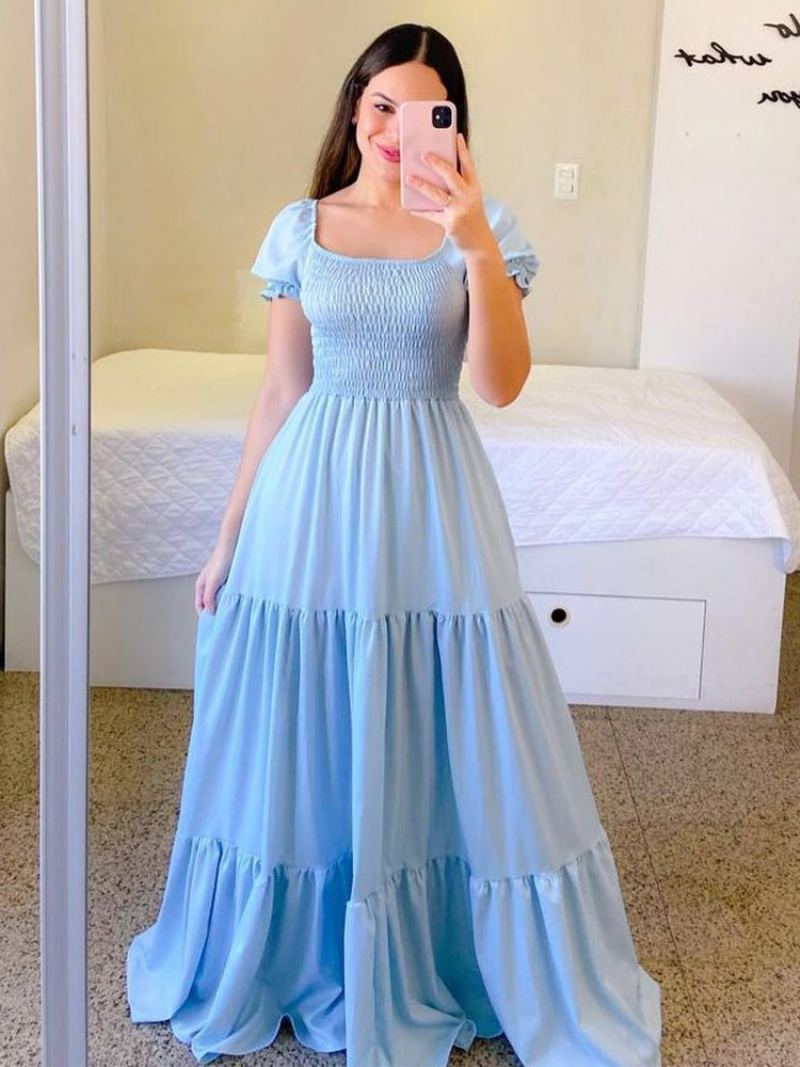 Dame A-line Kjole Smocked Kortermer Tiered Ruffles Sommer Maxi Kjoler - Lys Himmelblå