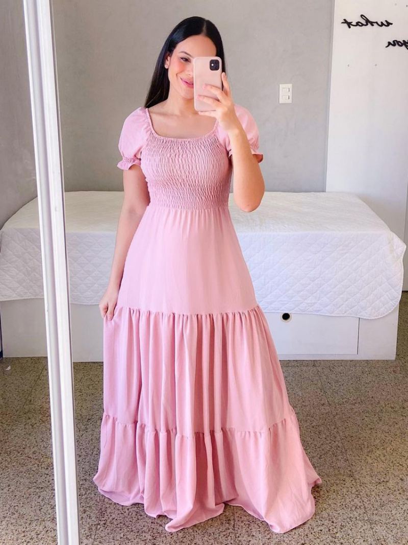 Dame A-line Kjole Smocked Kortermer Tiered Ruffles Sommer Maxi Kjoler - Rosa