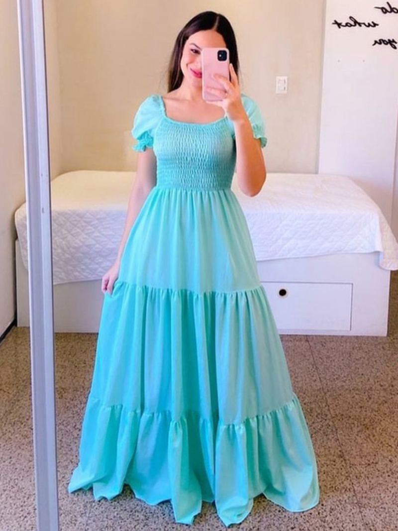 Dame A-line Kjole Smocked Kortermer Tiered Ruffles Sommer Maxi Kjoler - Aqua