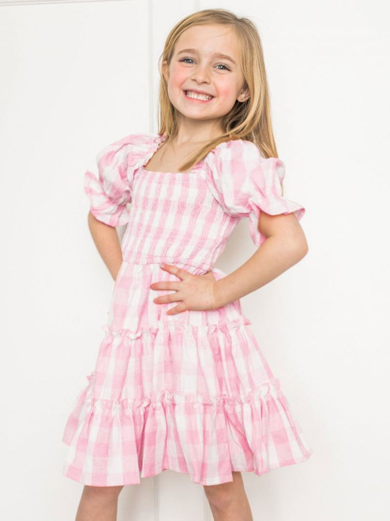 Dame Barbie Rosa Gingham Kjole Foreldre-barn Firkantet Hals Rutete Medium Summer Dress - Rosa