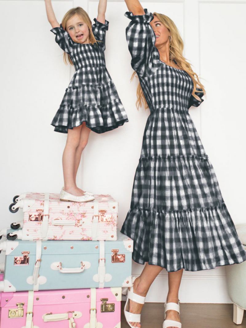 Dame Barbie Rosa Gingham Kjole Foreldre-barn Firkantet Hals Rutete Medium Summer Dress - Svart