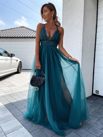 Lang Festkjole V-hals Ryggløs A-linje Split Grønn Slip Prom Dress For Dame