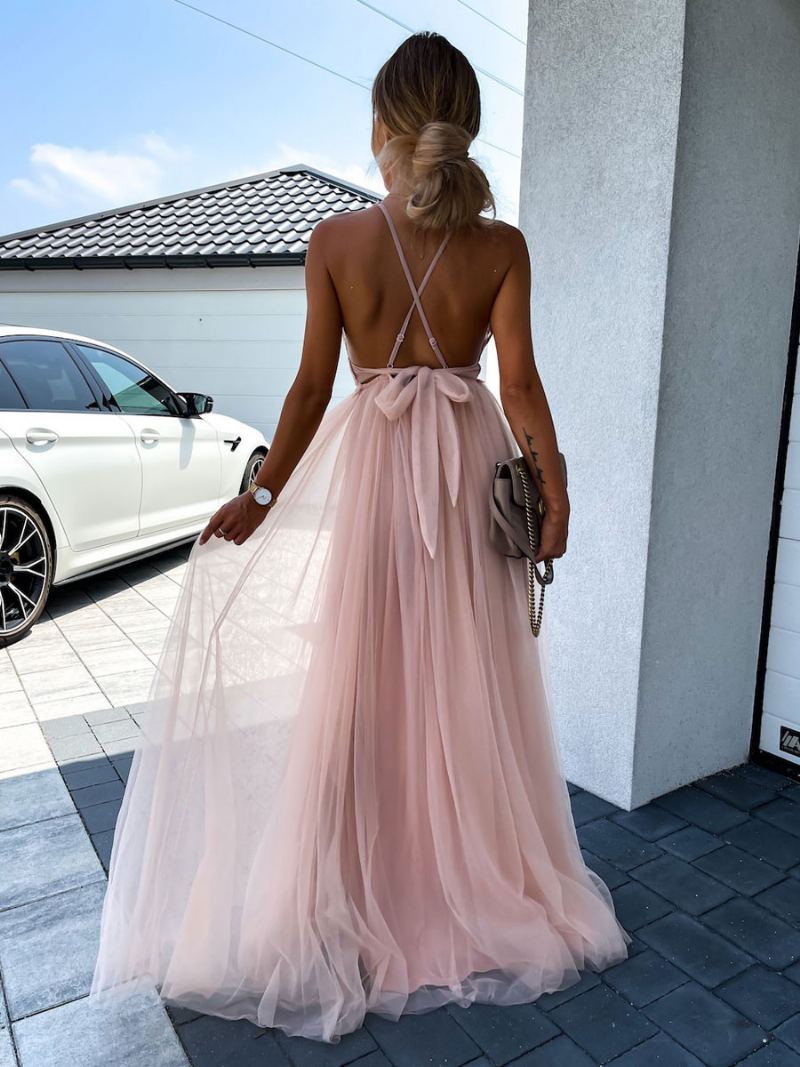 Lang Festkjole V-hals Ryggløs A-linje Split Grønn Slip Prom Dress For Dame - Rosa