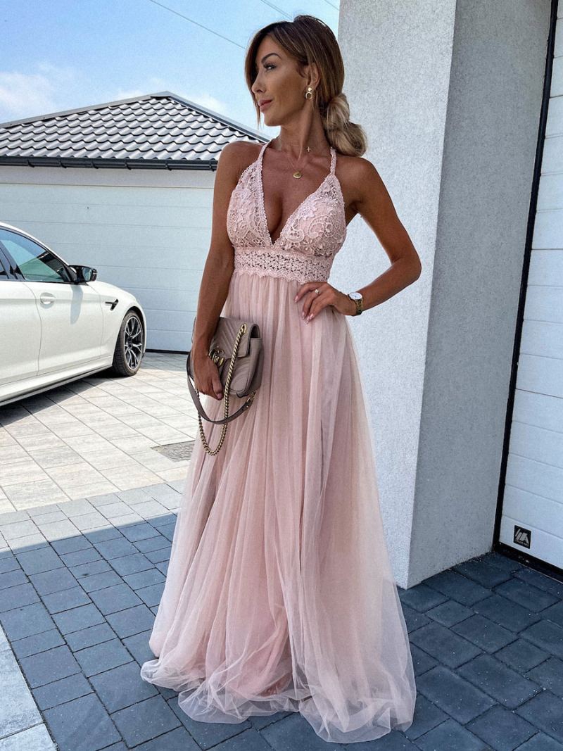 Lang Festkjole V-hals Ryggløs A-linje Split Grønn Slip Prom Dress For Dame - Rosa