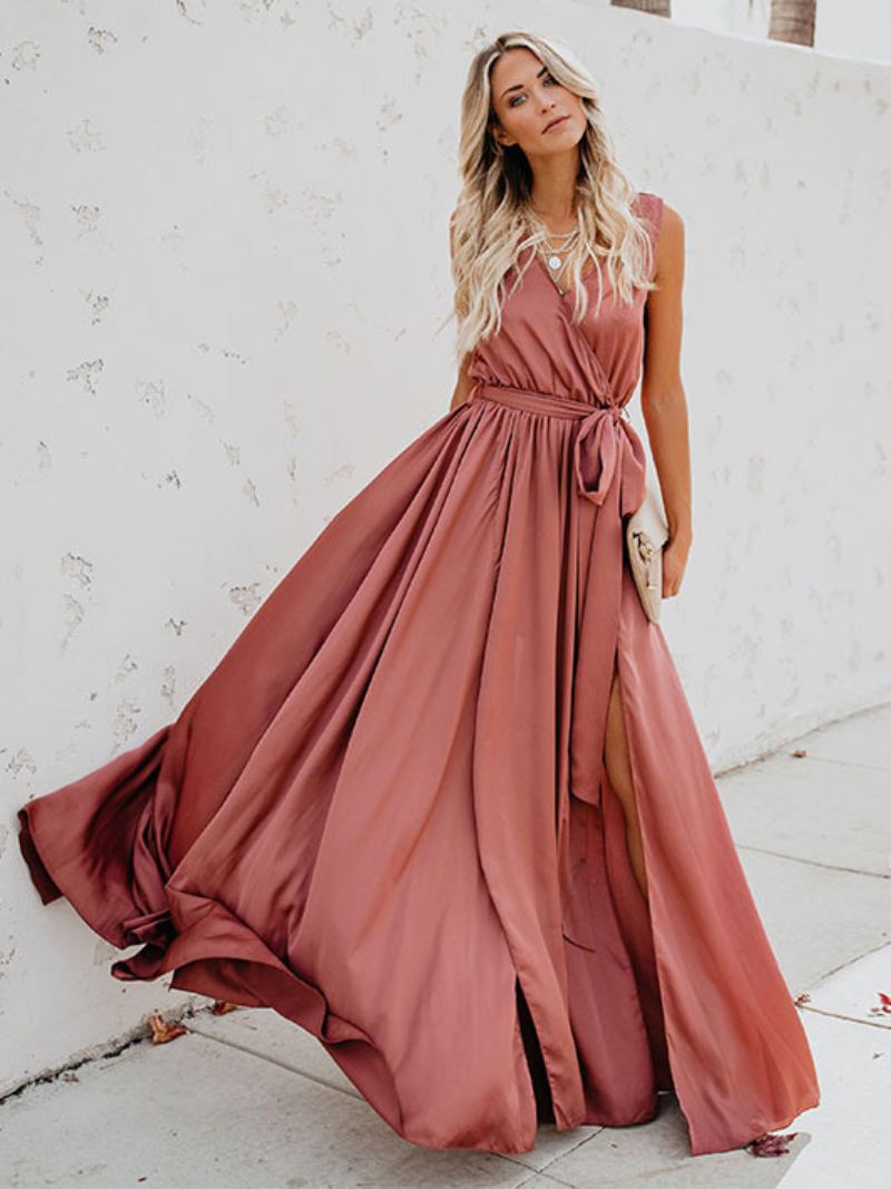 Omslagskjole For Kvinner Ermeløs Blush Rosa V-hals Knotted Slit Prom Maxi-kjoler