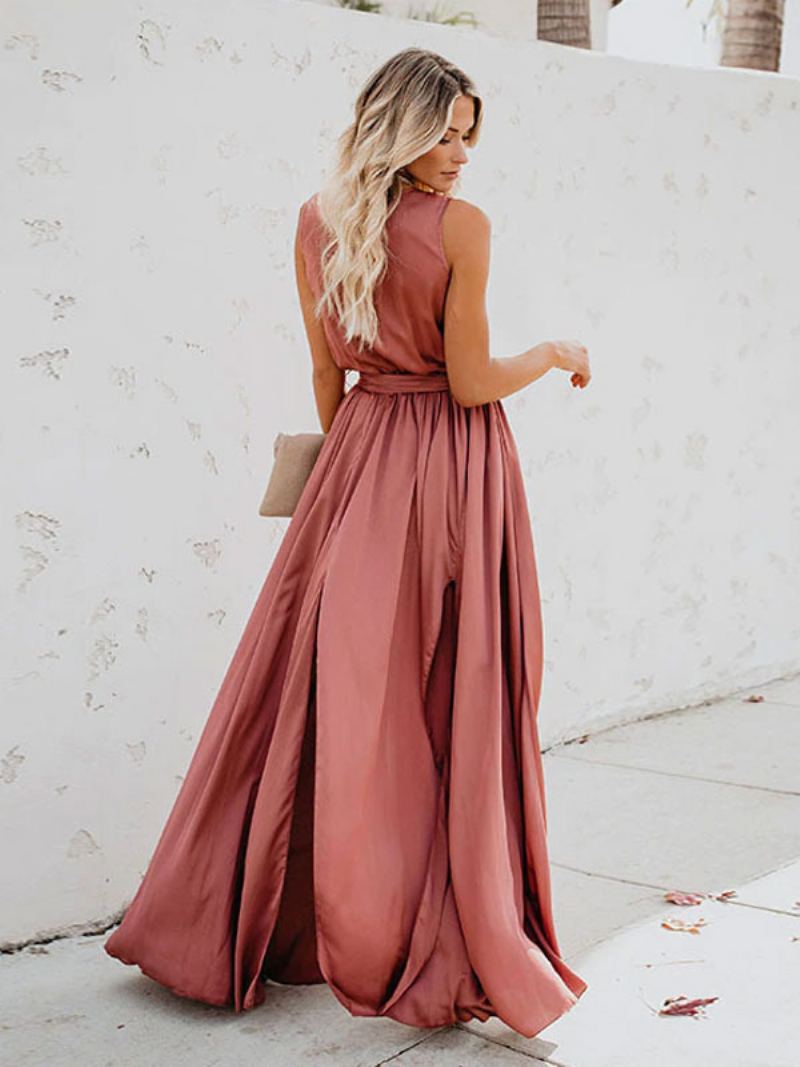 Omslagskjole For Kvinner Ermeløs Blush Rosa V-hals Knotted Slit Prom Maxi-kjoler - Blush Rosa